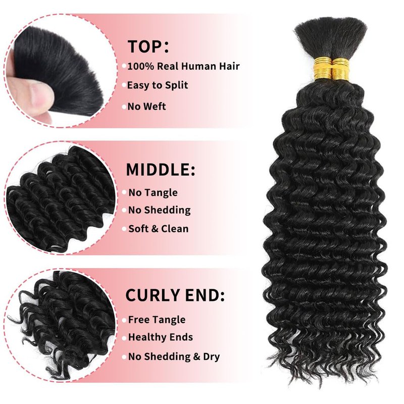 Human Braiding Hair for Boho Braids 12A Deep Water Wave Bulk Human Hair for Braiding No Weft Wet and Wavy Curly Human Hair Extensions (1B-Natural Black-Deep, 110g-20 Inch)