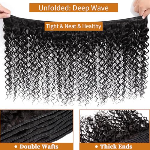 12A Deep Wave Human Hair Bundles 24Inch Curly Bundles Human Hair 100% Unprocessed Human Hair Bundles Deep Wave Weft Extensions Weave Natural Black 100g