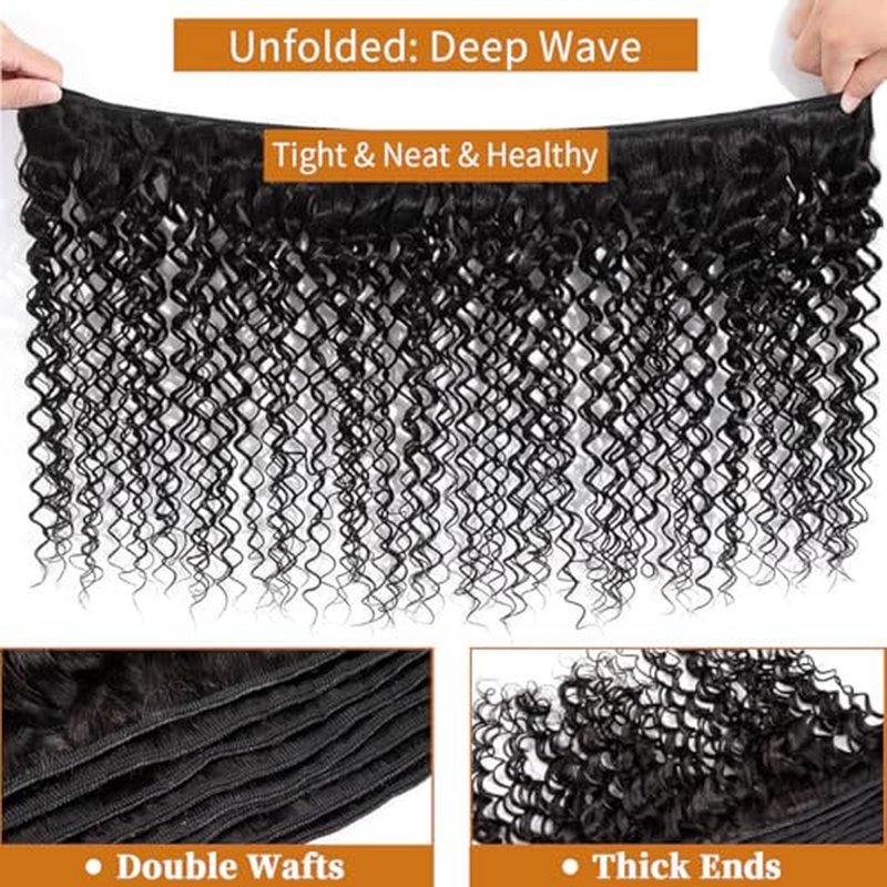 12A Deep Wave Human Hair Bundles 18-22Inch Curly Bundles 100% Unprocessed Brazilian Virgin Human Hair, 300g, Black, Sew-In, Deep Wave, Curly, Wavy