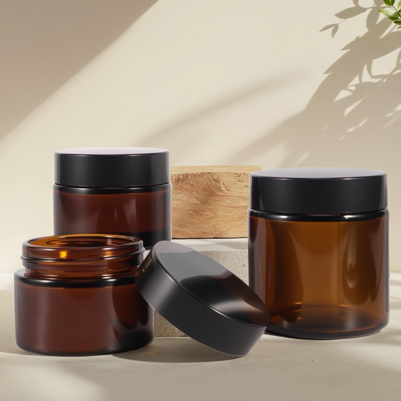 48 Pack 2oz Amber Glass Jars with Lids, Airtight Small Containers with Liners Lid for Cosmetics, Crams, Lotions Powder, Onitments Candle Making, DIY | Leak-Proof, Reusable