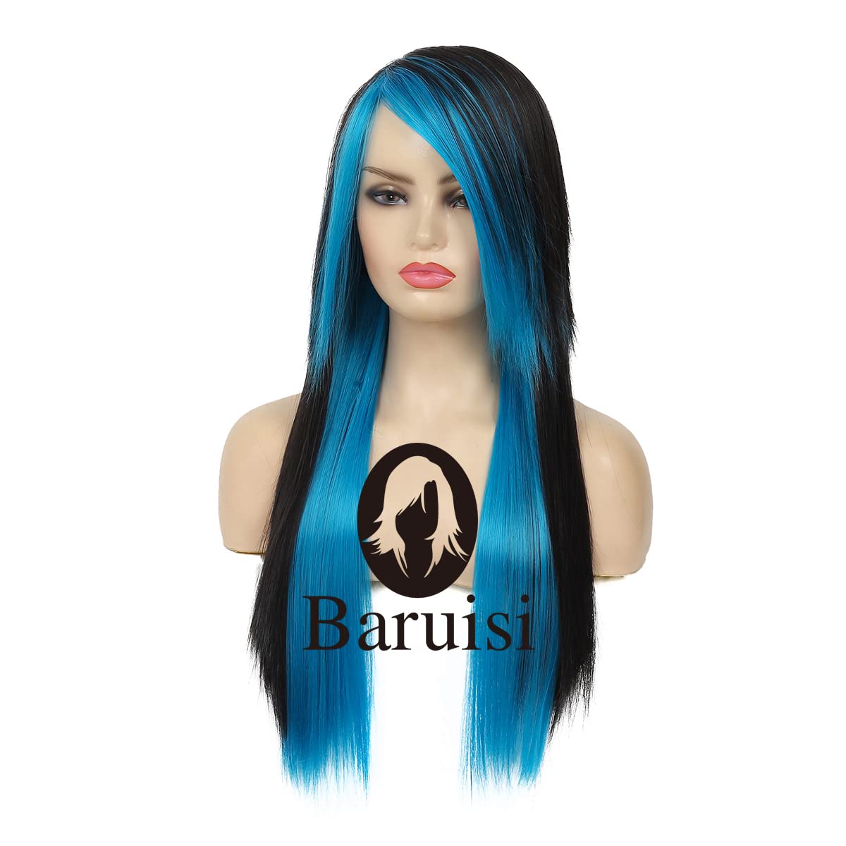 Baruisi Long Blue Black Wig Silky Straight Synthetic Heat Resistant Side Bangs Halloween Costume Hair Wigs for Women Girls