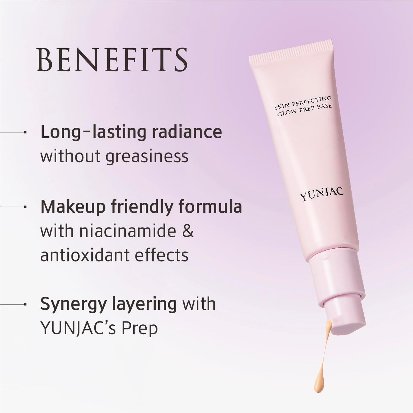 YUNJAC Skin Perfecting Glow Prep Base (1.01 fl oz) – Lightweight Primer with Niacinamide, Vitamin E & Fermented Green Tea, Silicone-Free Formula for Smooth, Radiant, and Long-Lasting Skin Finish
