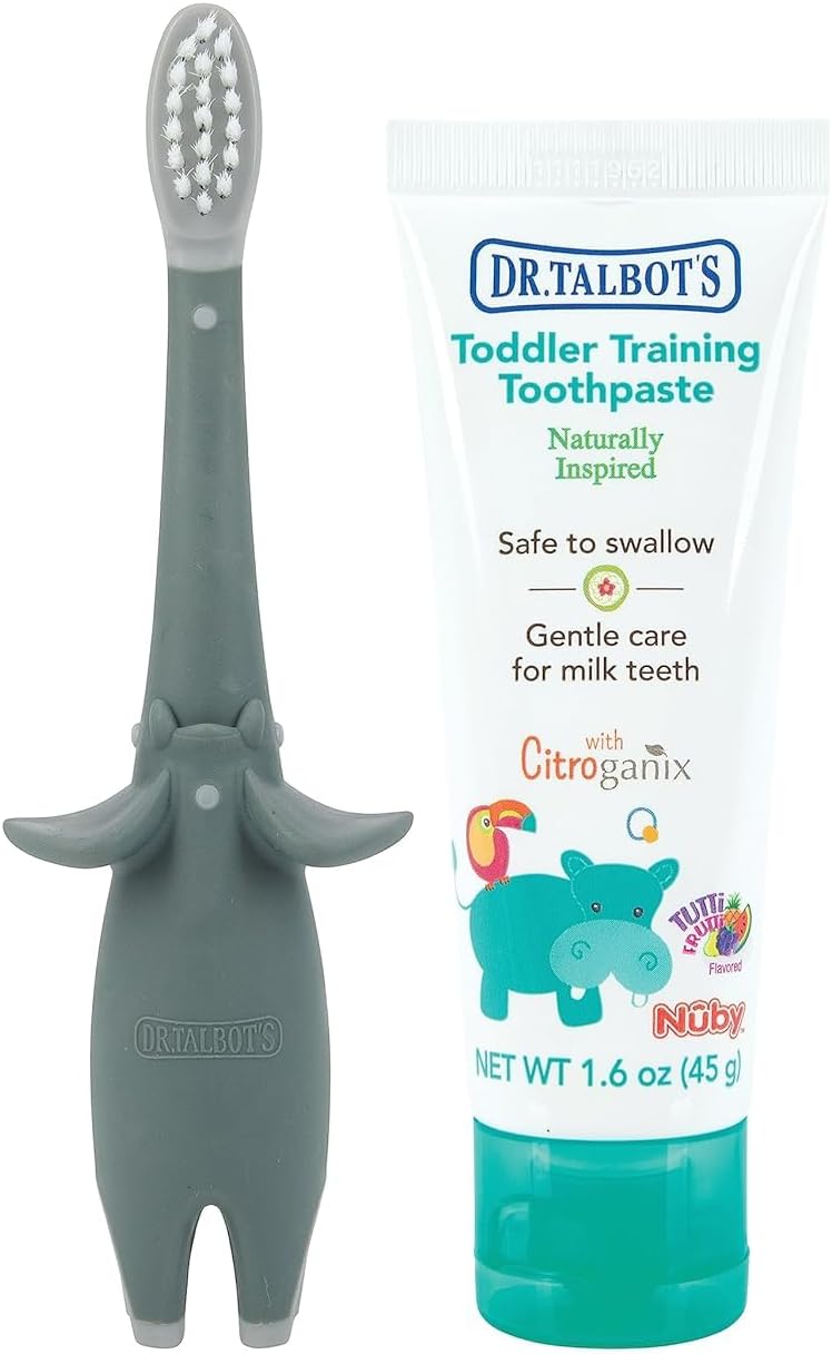 Dr. Talbot's Toddler Training Toothbrush & Natural Kids Toothpaste | Fluoride-Free, 1.6 oz, Elephant Design - 6+ Months