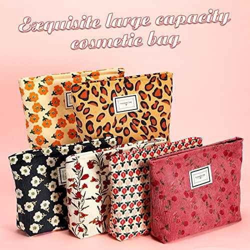 Sanwuta 6 Pcs Makeup Bag for Women Large Cosmetic Pouch Corduroy 10 x 7 Inch Large Capacity Makeup Bags Canvas Cosmetic Bags with Zipper Travel Toiletry Accessories Organizer for Women Girls(Flower)