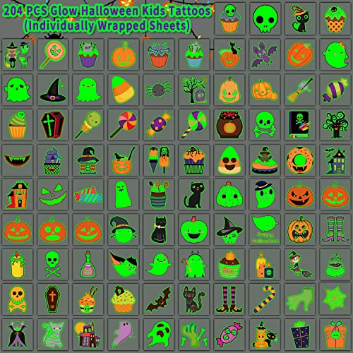 Partywind 204 PCS Individually Wrapped Sheets Glow Halloween Tattoos for Kids Party Decorations, Luminous Pumpkin Tattoo Stickers, Kids Halloween Treats, Party Supplies