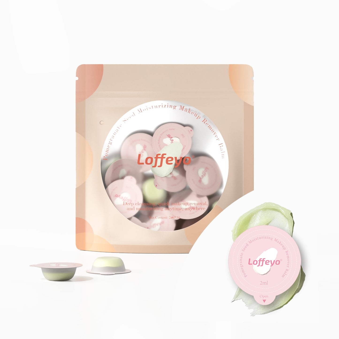 Loffeyo 30-Count Travel Cleansing Balm Pods, Individually Wrapped Single-Use, Makeup Remover Balm with Pomegranate Extract, Solid Formula, TSA-Friendly, Gentle for Sensitive Skin