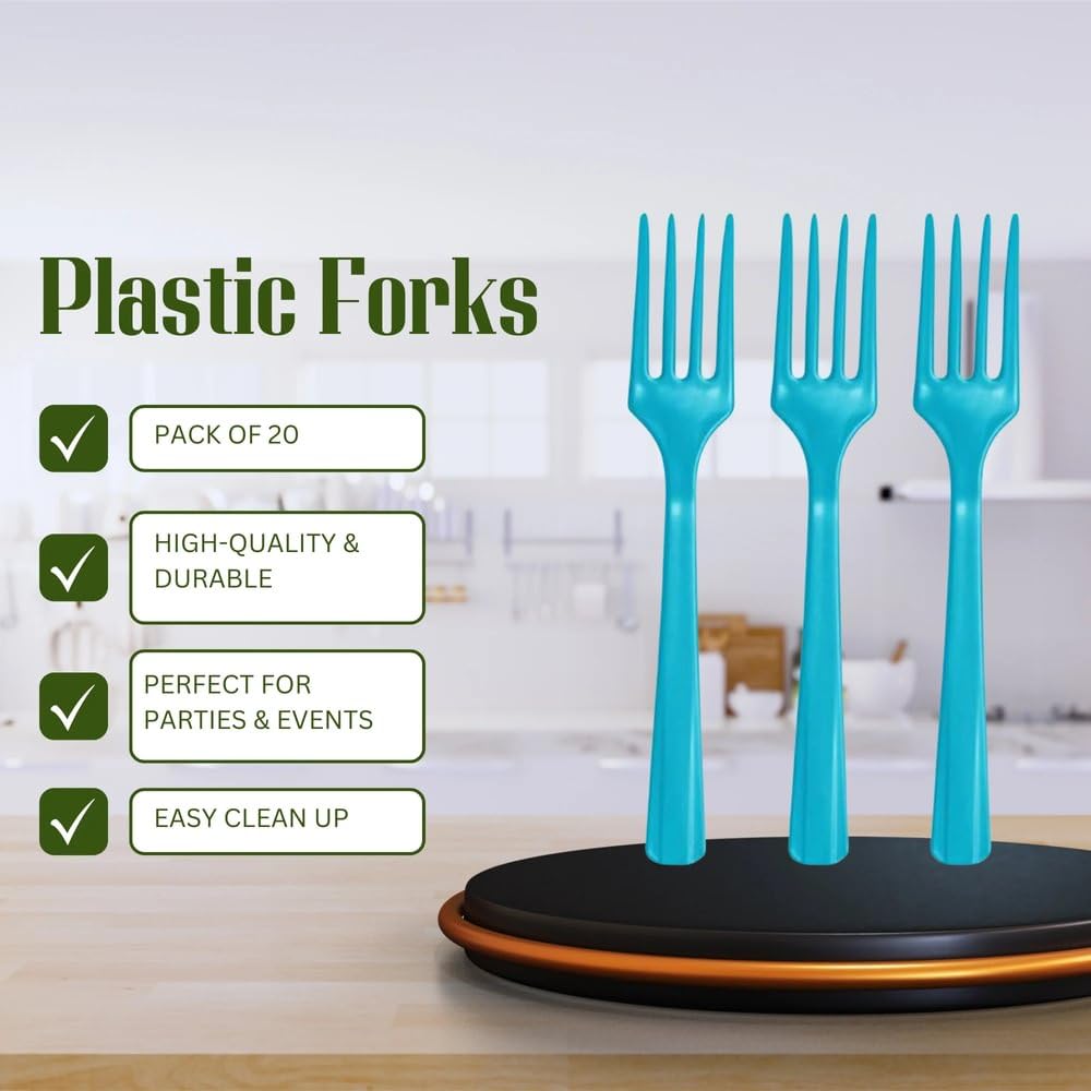 Elegant Caribbean Blue Plastic Fork (Pack Of 20) - Eco-Friendly, Durable & Eye-catching, Perfect For Parties & Events