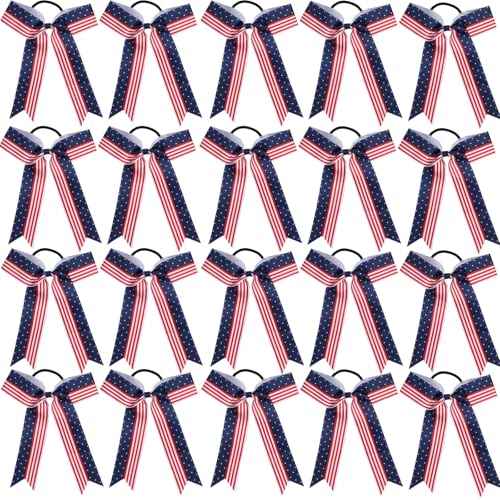 Hipcheer 20pcs Collegiate Style Cheer Bows for Girls, Long Tail Skinny Cheer Bow Ponytail Holder Handmade Bows for Girls Teens Softball Cheerleader Sports (Red Blue)
