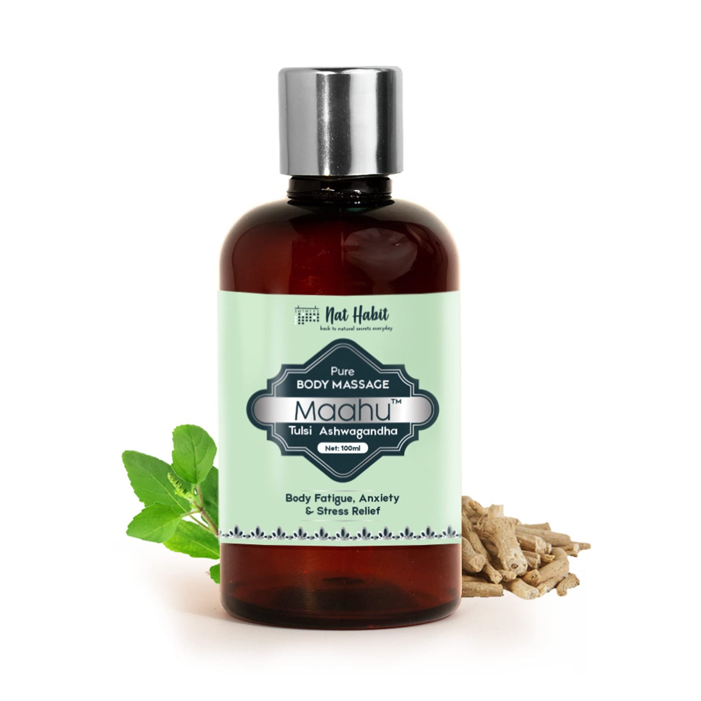 Nat Habit Pure Tulsi Ashwagandha Maahu, Ayurvedic Body Massage Oil, 100ml