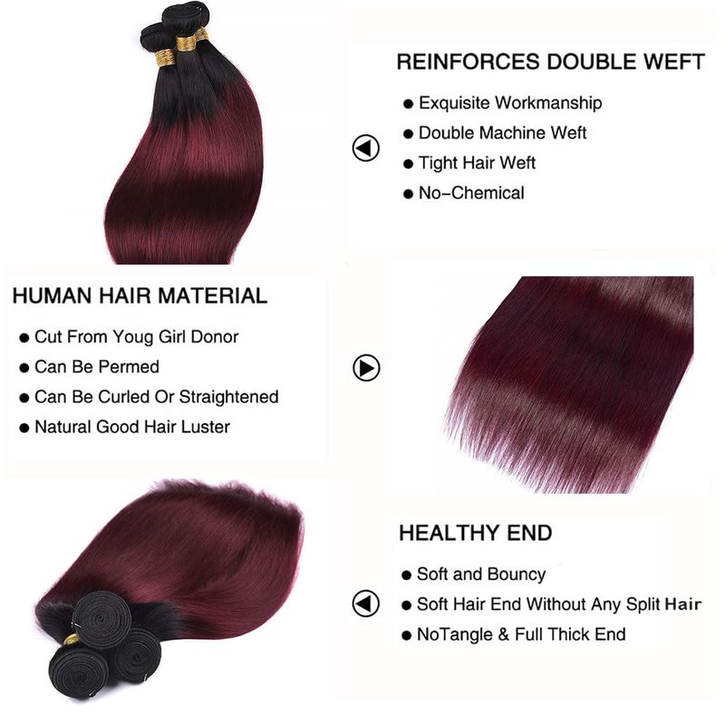 Burgundy Ombre Straight Human Hair Bundles - Soft Brazilian Remy Hair | 12, 14, 16 Inch 1B/99J
