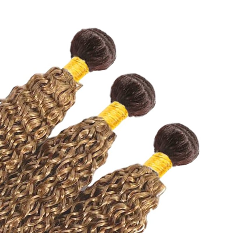 Honey Blonde Kinky Curly Hair Bundles - 3 Pack Brazilian Virgin Hair Weave | Ombre Dark Brown, 10-12-14 Inch