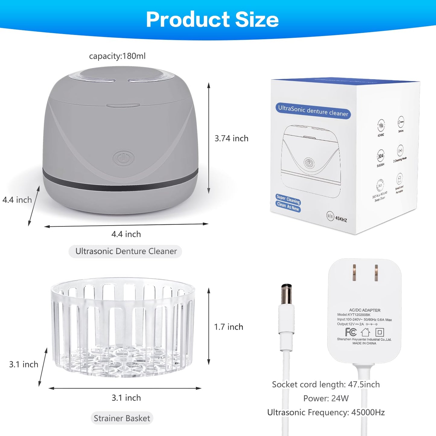 Ultrasonic denture cleaner for dentures, mouth guards, braces, toothbrush heads, jewelry - 45 kHz Ultrasonic Retainer Cleaner (Black)
