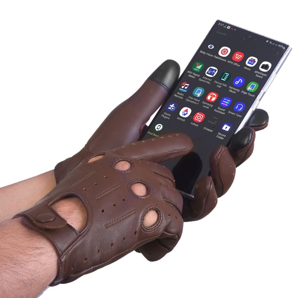 FASHIONLUXE Men's & Women’s Touchscreen Genuine Leather Driving Gloves,Classic Knuckle Cut Design,Breathable Fit Gloves(Brown, Extra Large)