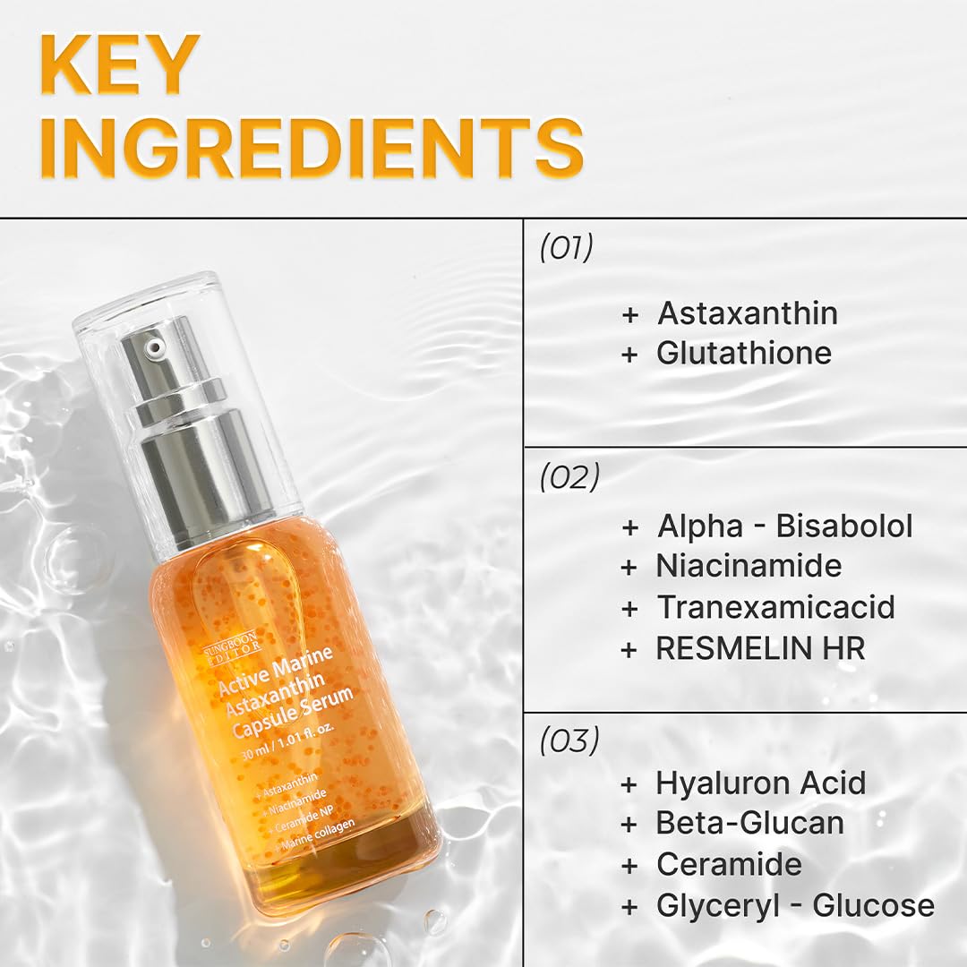 SUNGBOON EDITOR Active Marine Astaxanthin Serum, Niacinamide, Tranexamic Acid, Hyaluronic Acid, Hydrating Serum for Even Skin Tone, Korean Skin Care, 30ml, 1.01 fl.oz