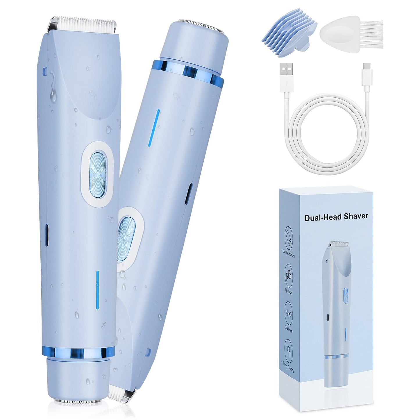 Ladies Electric Razor, 2 in 1 Dual Head Shaver Women, Bikini Trimmer for Women Personal Body Face Leg Arm Hair USB Charge Waterproof Wet and Dry (Blue)