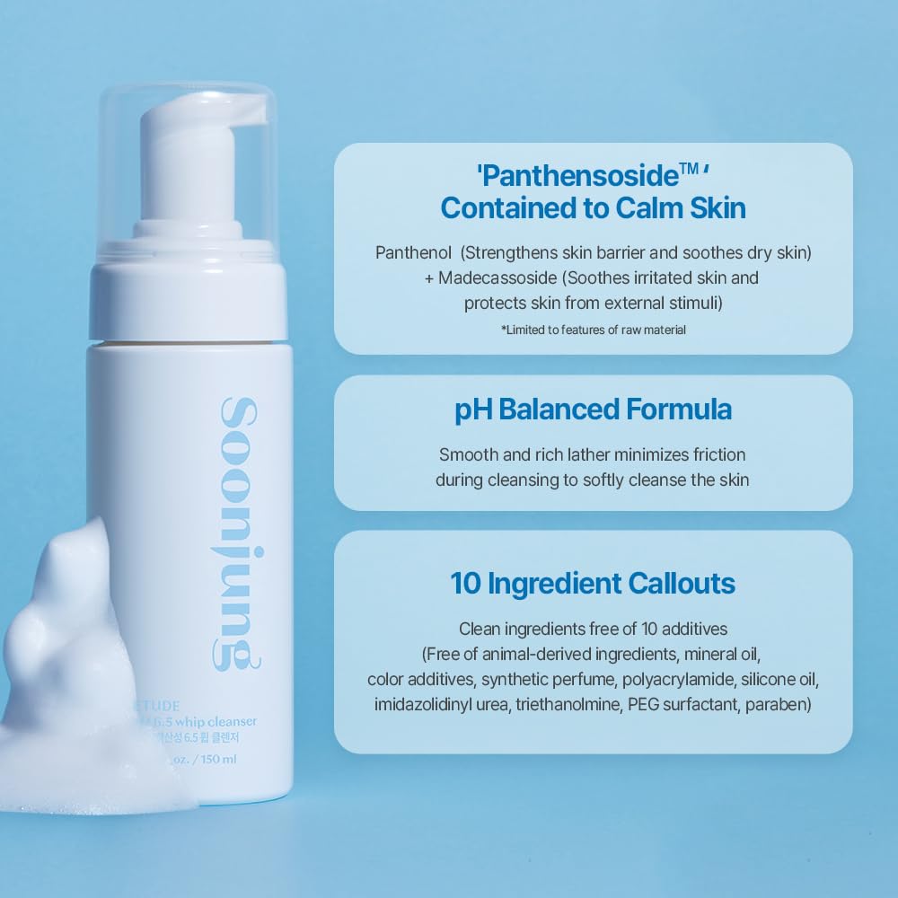 Etude SoonJung pH 6.5 Whip Cleanser - Gentle Micro Foaming Face Wash for Sensitive Skin | 8.45 Fl Oz