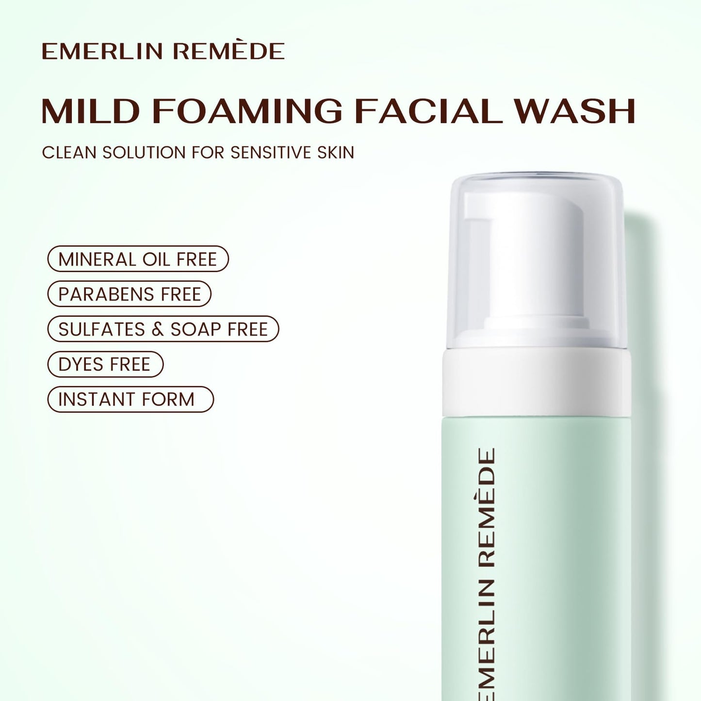 Emerlin Remède Mild Foaming Facial Wash Cleanser Mousse with Aloe Leaf Water, Amino Acids & Vitamin B5, Gentle Hydrating Face Wash for All Skin Types, 200ml