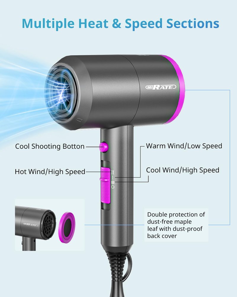 SHRATE Lightweight Ionic Hair Dryer with Diffuser - Powerful 1800W Blow Dryer for Fast Drying - Professional Low Noise Mini Hair Dryer for Travel, Gifts, Hair Styling (Grey)