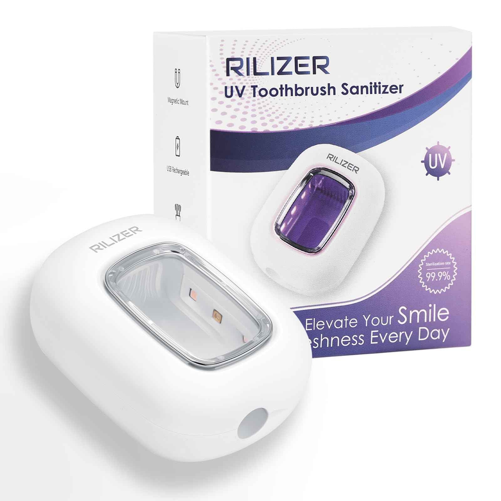 RILIZER UV Toothbrush Sanitizer Cover, Rechargeable Travel Cap with Magnetic Wall Mount, Portable Cleaner for Any Size Toothbrush
