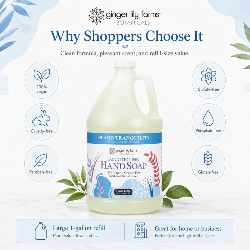 Ginger Lily Farms Botanicals All-Purpose Liquid Hand Soap Refill, Island Tranquility, 100% Vegan & Cruelty-Free, Green Tea Lemongrass Scent, 1 Gallon (128 fl oz)