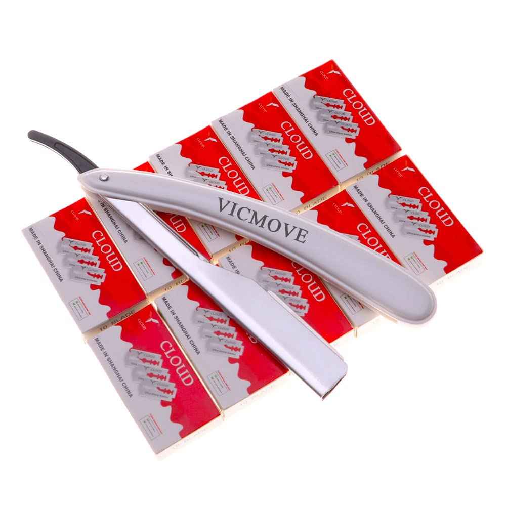 Professional Barber Straight Edge Razor Safety with 200-Pack Derby Blades - 100 Percent Stainless Steel - by VICMOVE (1 razor + 200 blades)