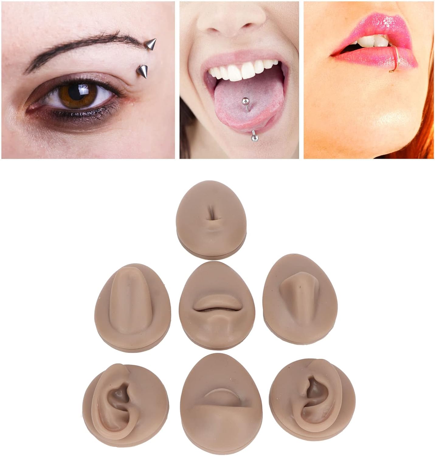 Soft Silicone Flexible Body Part Display Set - Tongue, Mouth, Navel & Ear Models for Piercing Practice | Dark Color