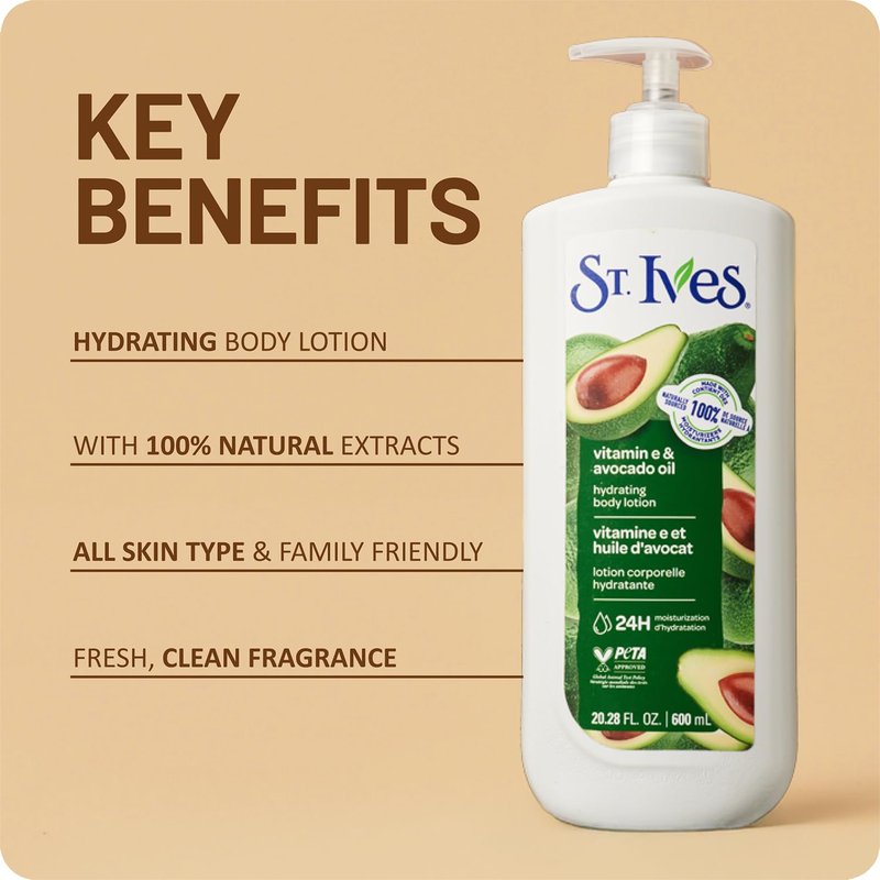 St. Ives Hand & Body Lotion, Hydrating Vitamin E & Avocado Oil 4-Pack – 24H Moisturizer for Dry Skin, 20.28 Oz Ea