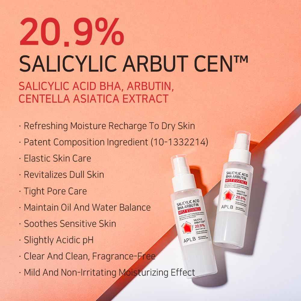 APLB Salicylic Acid BHA Arbutin Mist Essence | SALICYLIC ARBUT CEN™ 20.9% 3.55 FL.OZ/Korean Skincare, Replenishing Moisture, Revitalize for Gentle and Improve Skin Texture Through Salicyclic