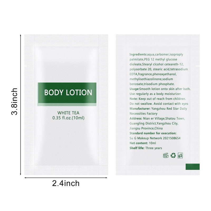 HQSLsund Travel Size Body Lotion Bulk Individually Wrapped - 200 Pack Refreshing Mini Lotion Single Use Supplies for Homeless Care Hotel Guests, White Tea Scent, 0.35 fl oz/10ml