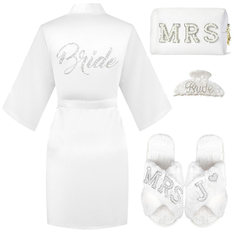 Tkifoda Personalized Initial Letter J MRS Wedding Bride Slippers Robe Makeup Bag Hair Clip, Bride to Be Gifts, Bridal Shower Gifts, Wedding Gift