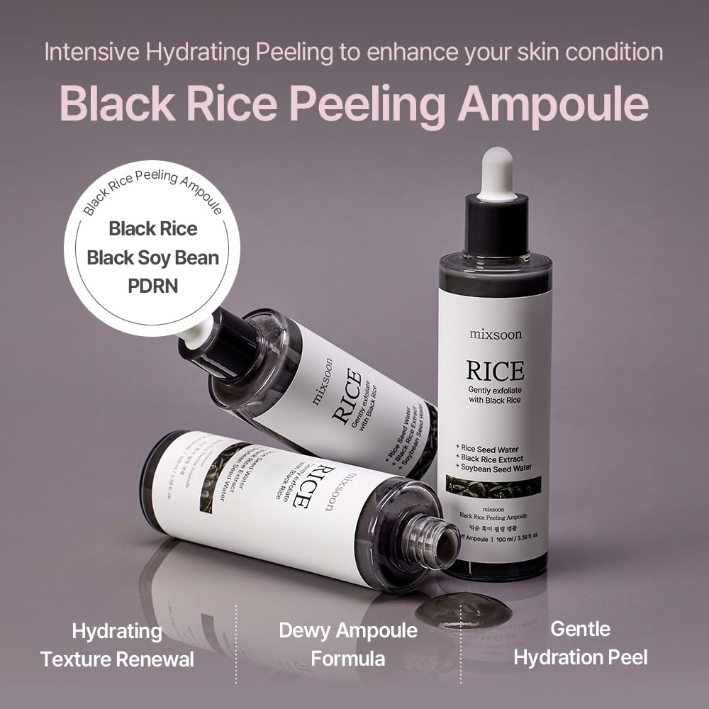 mixsoon Peeling Ampoule - Black rice exfoliant, Gentle Exfoliating Serum for Smooth, Radiant Skin, Dead Skin Cells Remover 100ml / 3.38 fl.oz. Korean Glass Skin Care