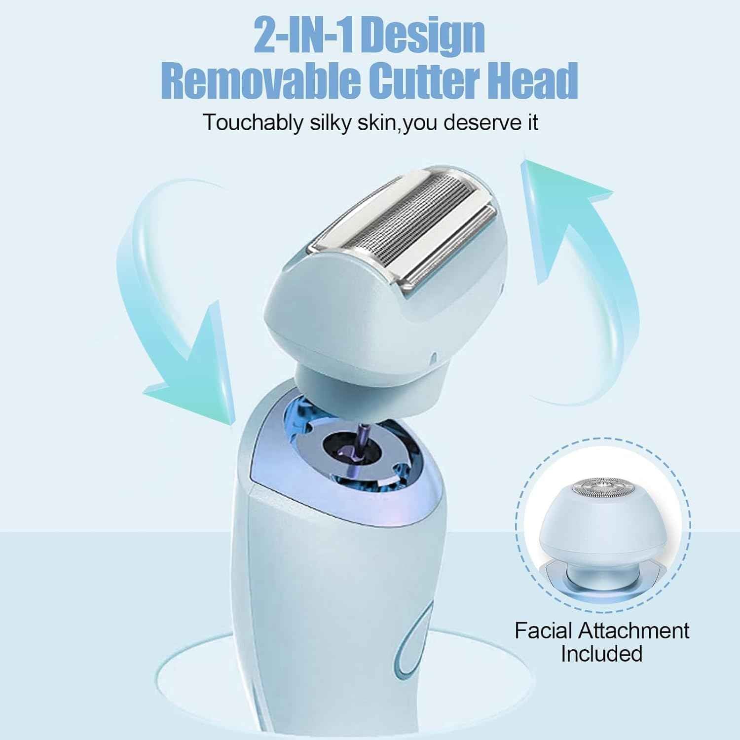 Livora Electric Shaver for Women, 2 in 1 Glide Pro 3.0 Razor, Silk Glide Pro Shaver 2 with Removable Head, Wet & Dry Waterproof, Rechargeable Cordless for Bikini, Leg, Arm, Underarm, Body (Blue)