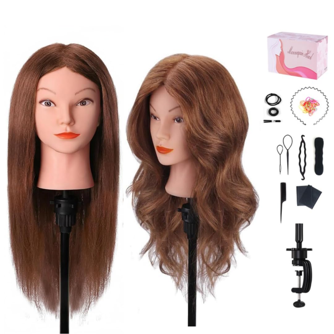 MYSWEETY Mannequin Head with Hair, Doll Head for Hair Styling, Manikin Head with 100% Human Hair Cosmetology Makeup Hairdressing Training Head with Clamp Holder and Tools(18" Auburn, Makeup)