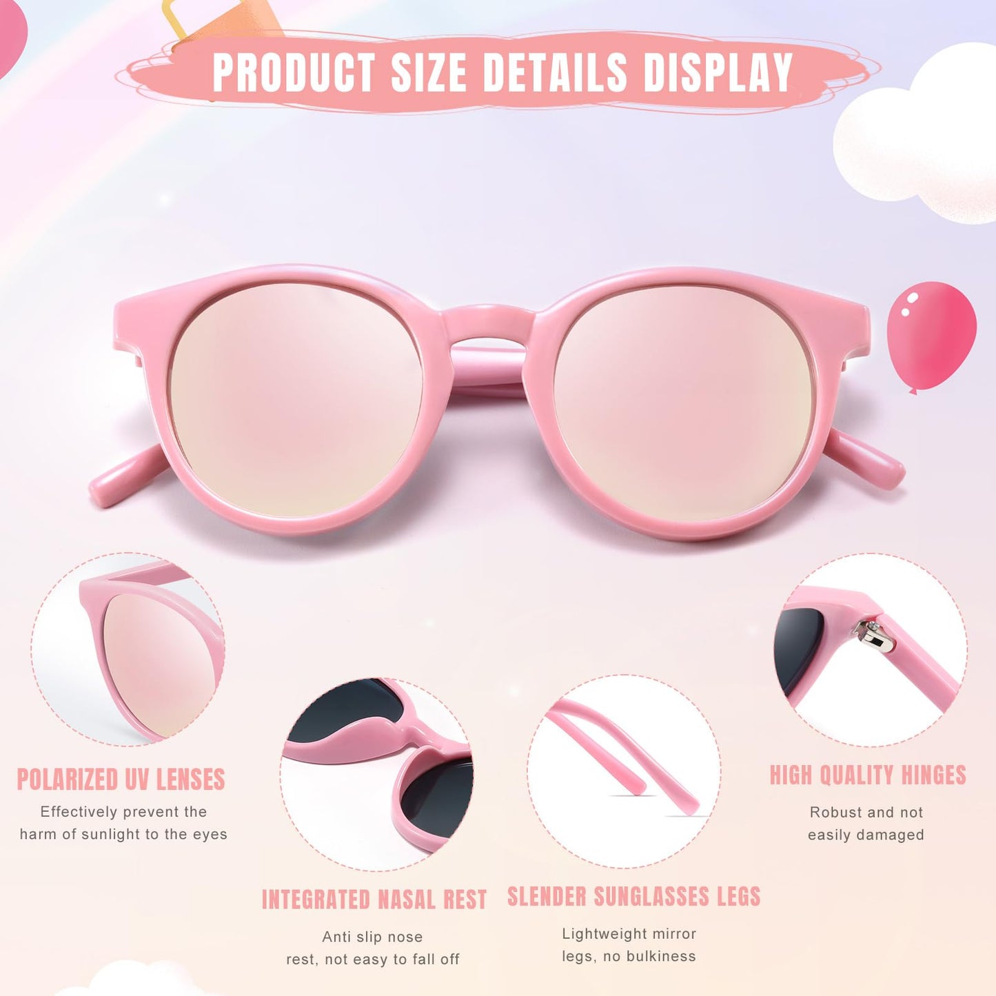 Vcarsian Cute Kids Polarized Sunglasses,Baby Sun Glasses with Strap for Toddler Girls Boys Flexible Round UV Protection Glasses Age 0-6