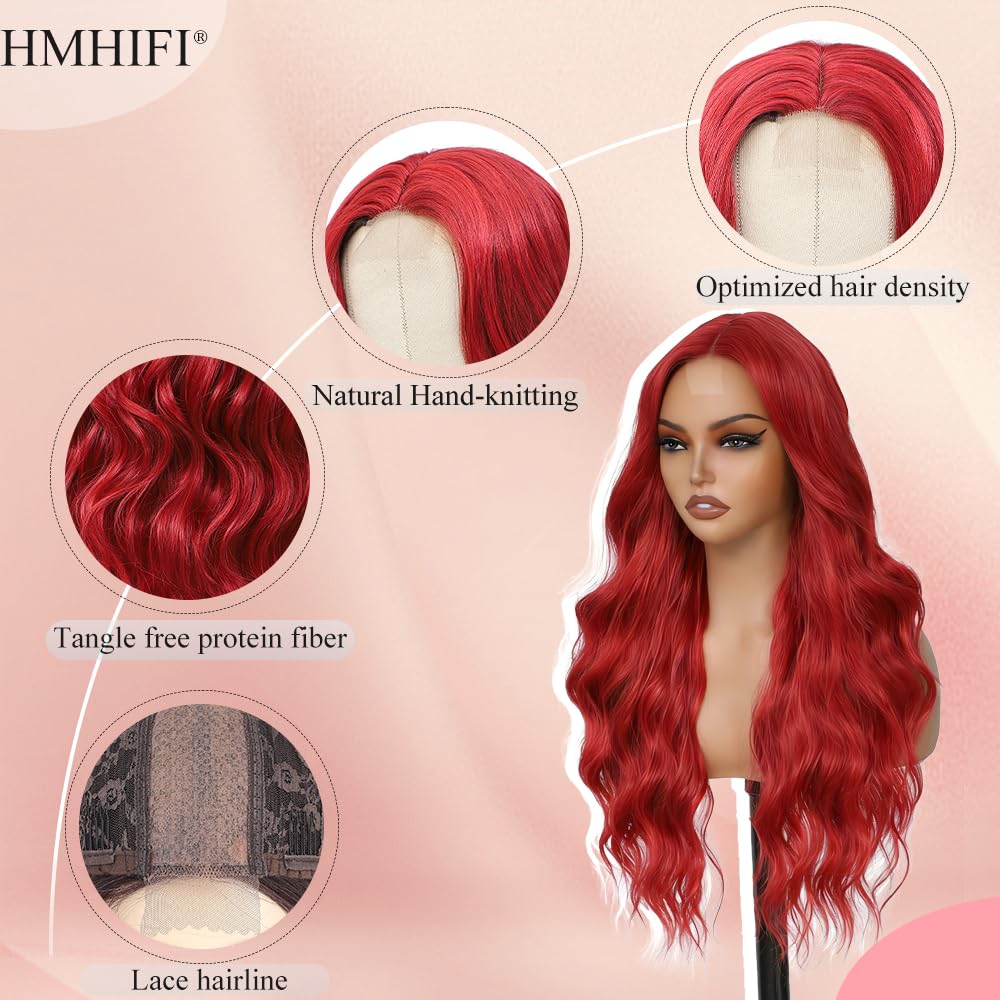 HMHIFI Long Red Wig for Women 26Inch Wavy Curly Wigs Synthetic Heat Resistant Hair Replacement Wig for Daily Party Halloween Costume