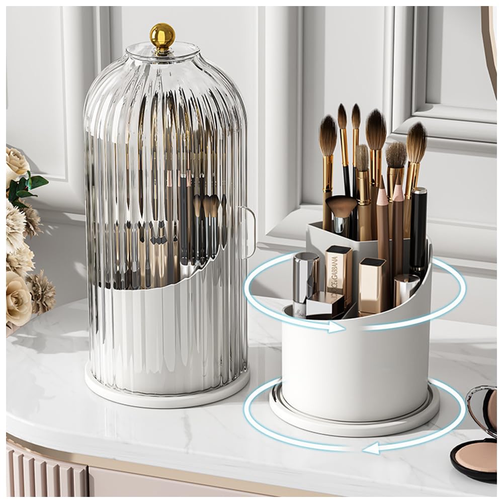 Makeup Brush Holder with Lid 360° Rotating, Clear Dustproof & Waterproof Make Up Brush Holder Organizer, Transparent Makeup Brush Organize