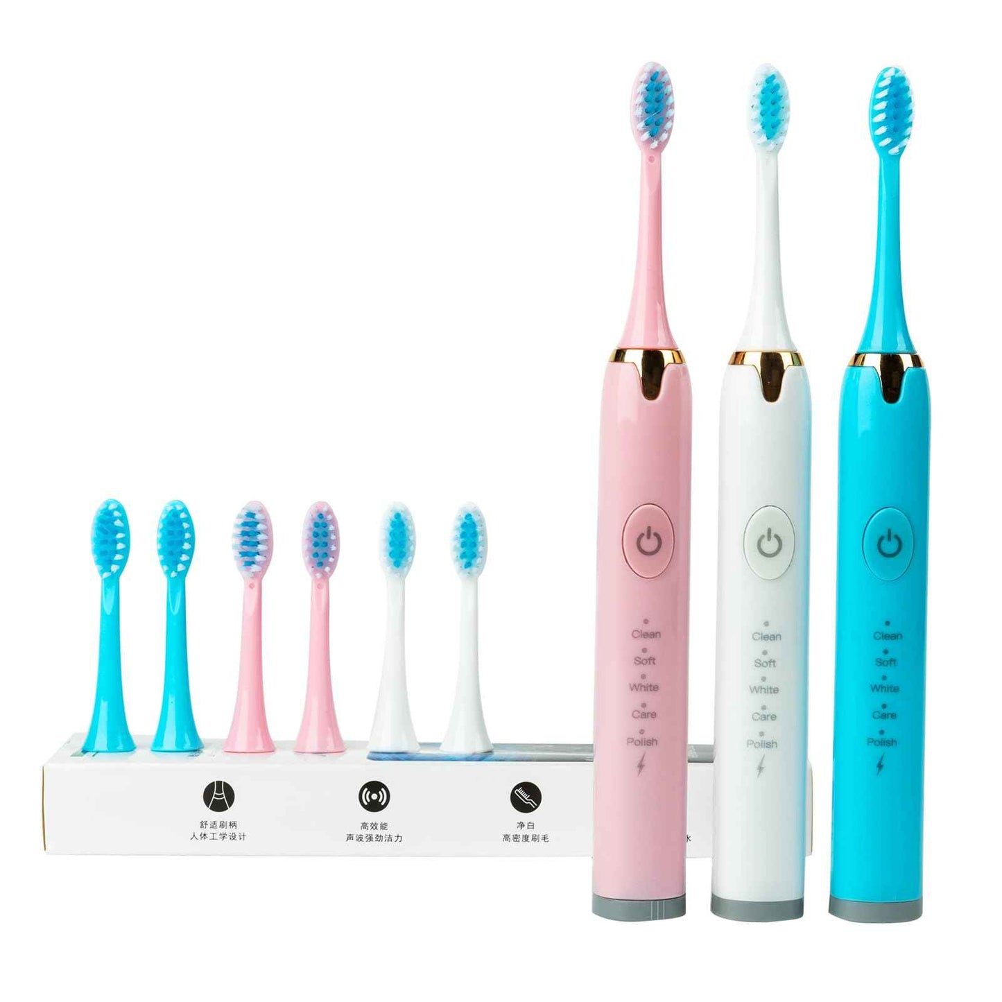 QYKCGQ Portable Adult Travel Electric Toothbrush, Rechargeable Sonic Electric Toothbrush with 3 Brush Heads, 2 Minutes 5 Modes Smart Timer, 48000vpm (Blue