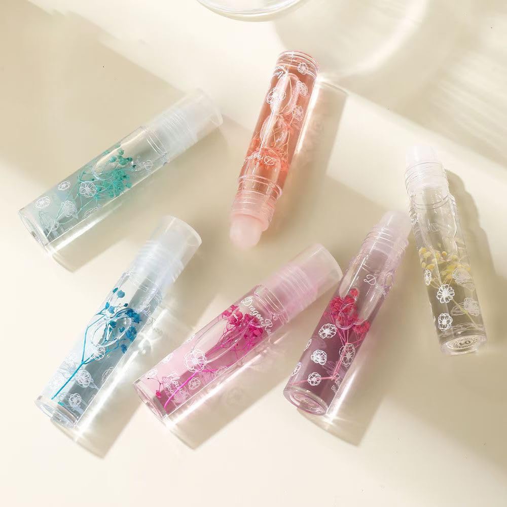 Petansy Flower Jelly Lip Oil Set 6 Packs Moisturizer Long Lasting Roll On Lip Gloss Set with Real Flowers Glossy Lip Make-up for Dry and Chapped Lips