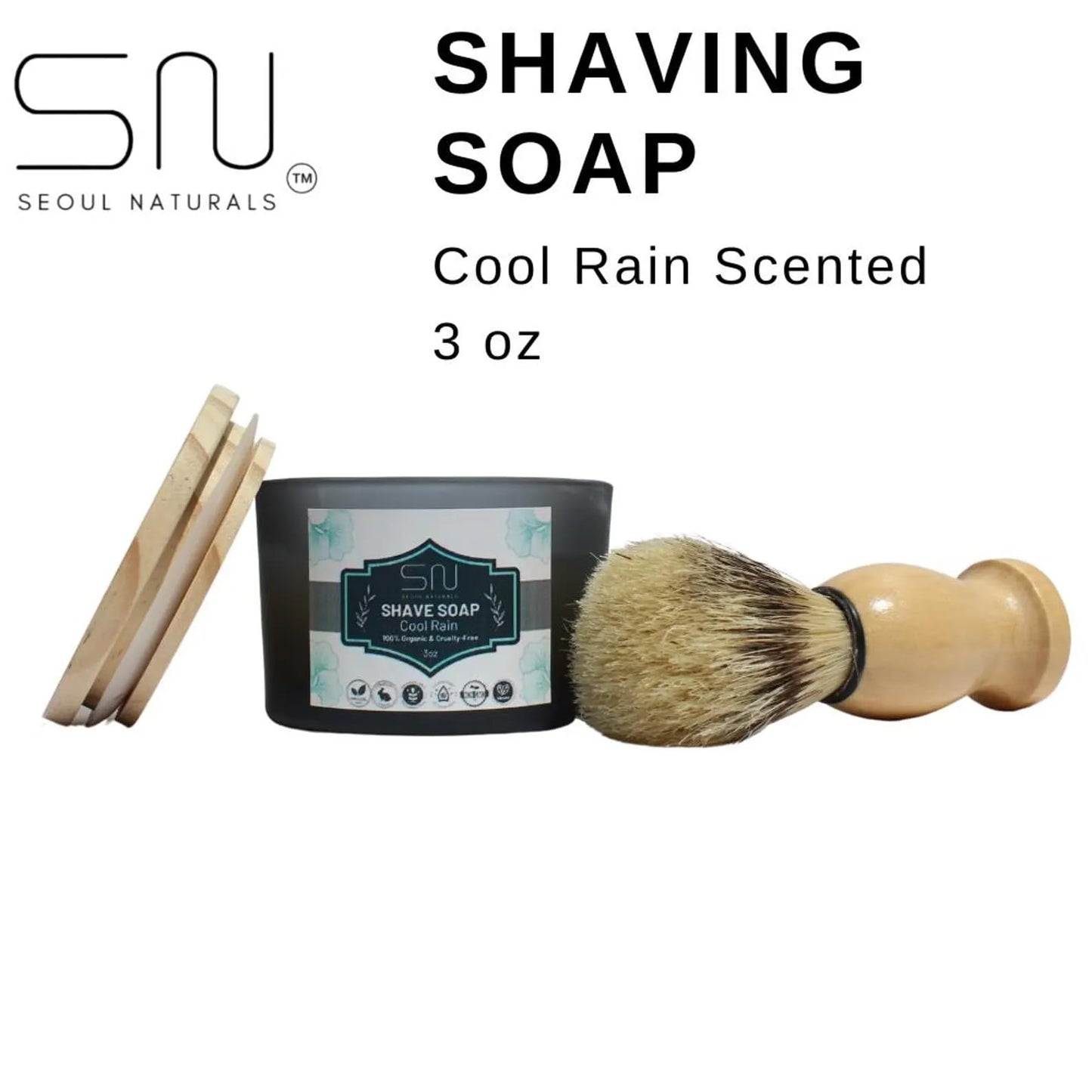 Seoul Naturals Organic Shave Soap Set with Barber Brush, Cool Rain Scent, k beauty, 3 oz