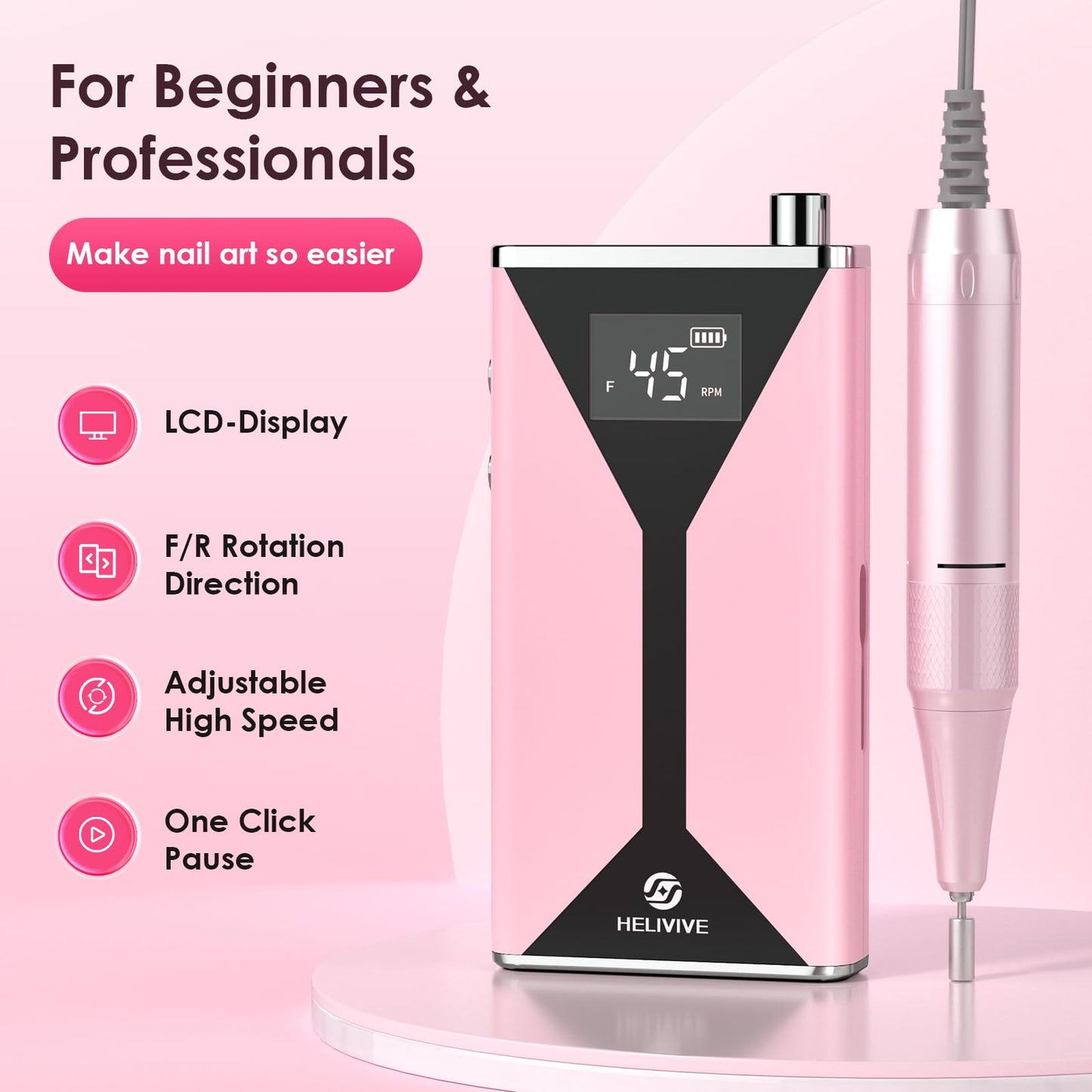 HELIVIVE Professional Electric Nail Drill 45000RPM Cordless Nail File