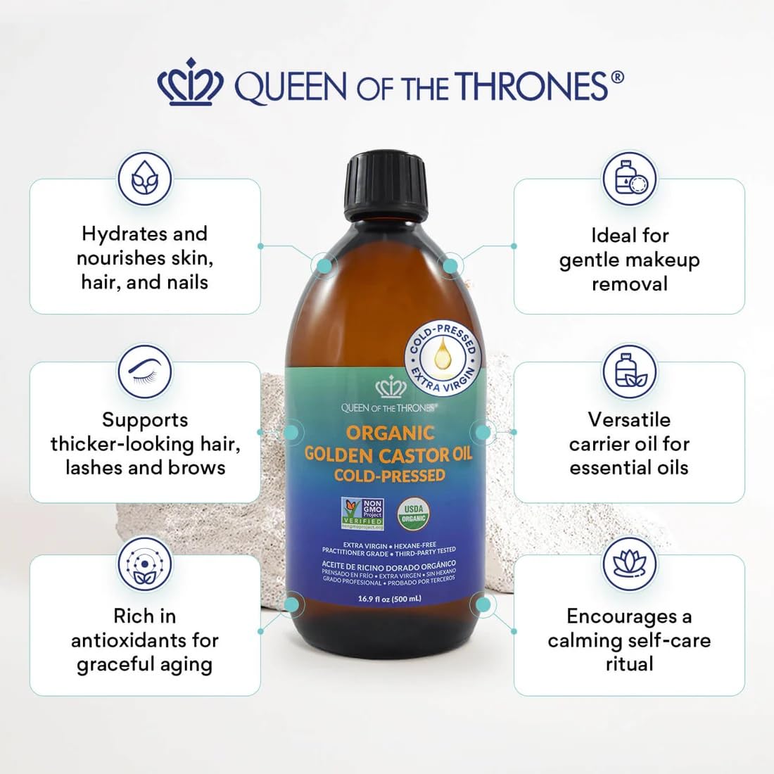 Organic Golden Castor Oil - 100% Pure & Hexane-Free for Hair, Skin, Nails | 16.9oz (500ml)
