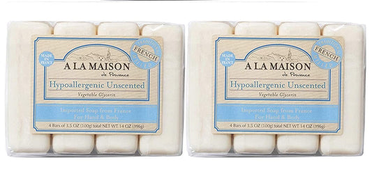 A LA MAISON Hypoallergenic Unscented Bar Soap - Triple French Milled Natural Moisturizing Hand Soap Bar (8 Bars of Soap, 3.5 oz)