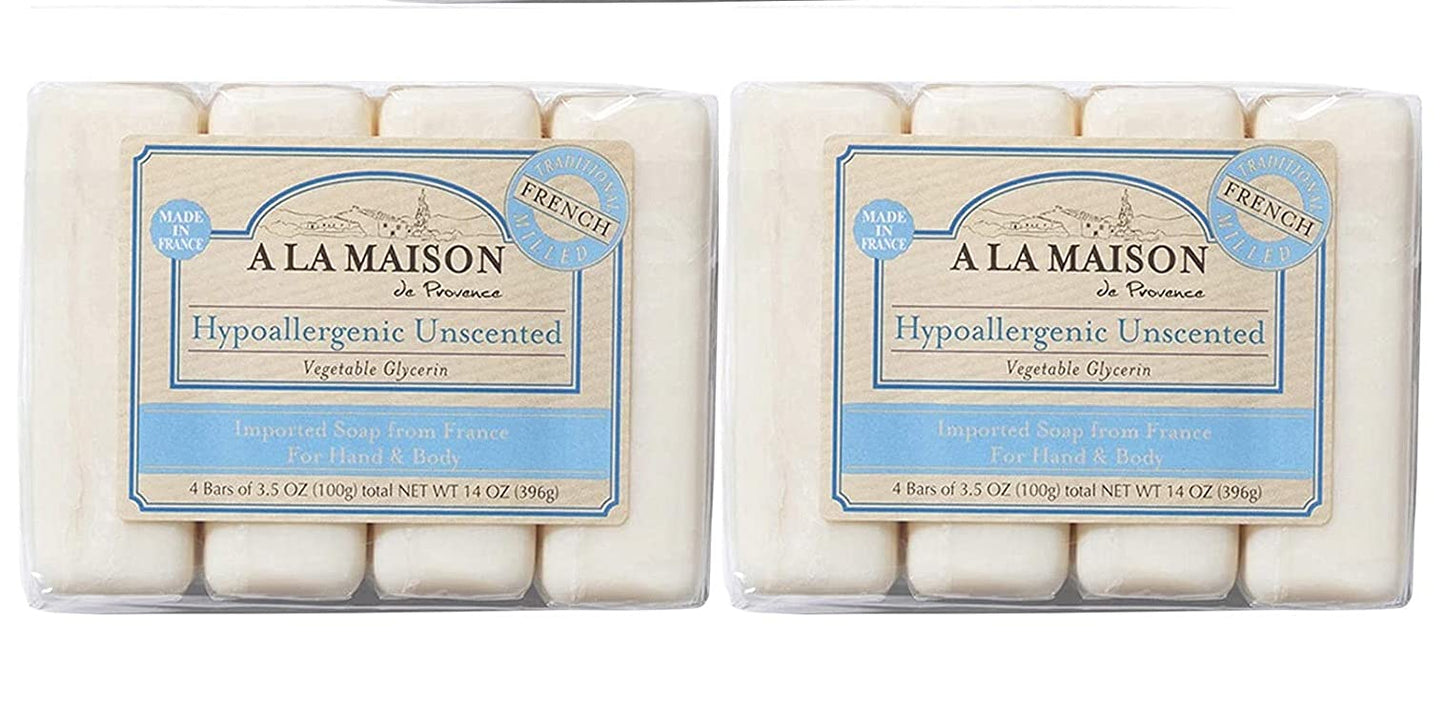 A LA MAISON Hypoallergenic Unscented Bar Soap - Triple French Milled Natural Moisturizing Hand Soap Bar (8 Bars of Soap, 3.5 oz)