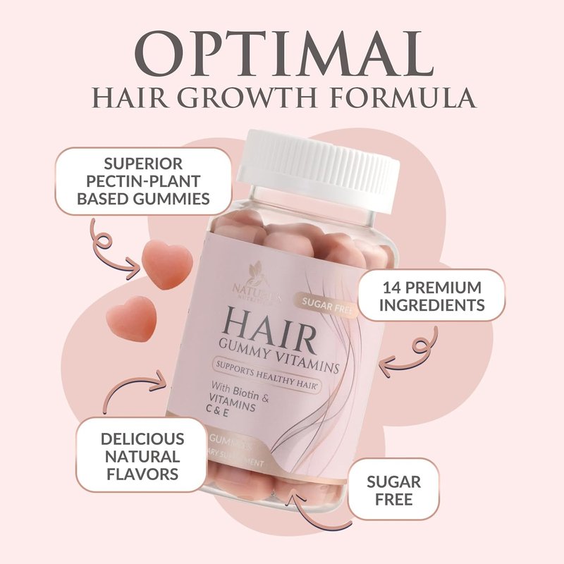 Hair Vitamins Gummies - Sugar Free Biotin 5000 mcg for Hair Growth | Supports Strong Hair & Nails - 60 Vegetarian Gummies