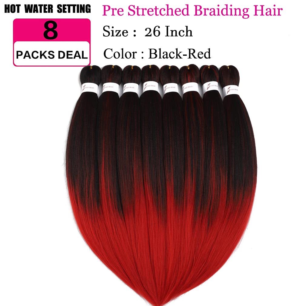 Pre Stretched Braiding Hair 26 Inch 8 Packs Professional Braiding Hair Extensions Synthetic Fiber Crochet Twist Braids Hot Water Setting Soft Yaki Texture(26",mixed black & red)