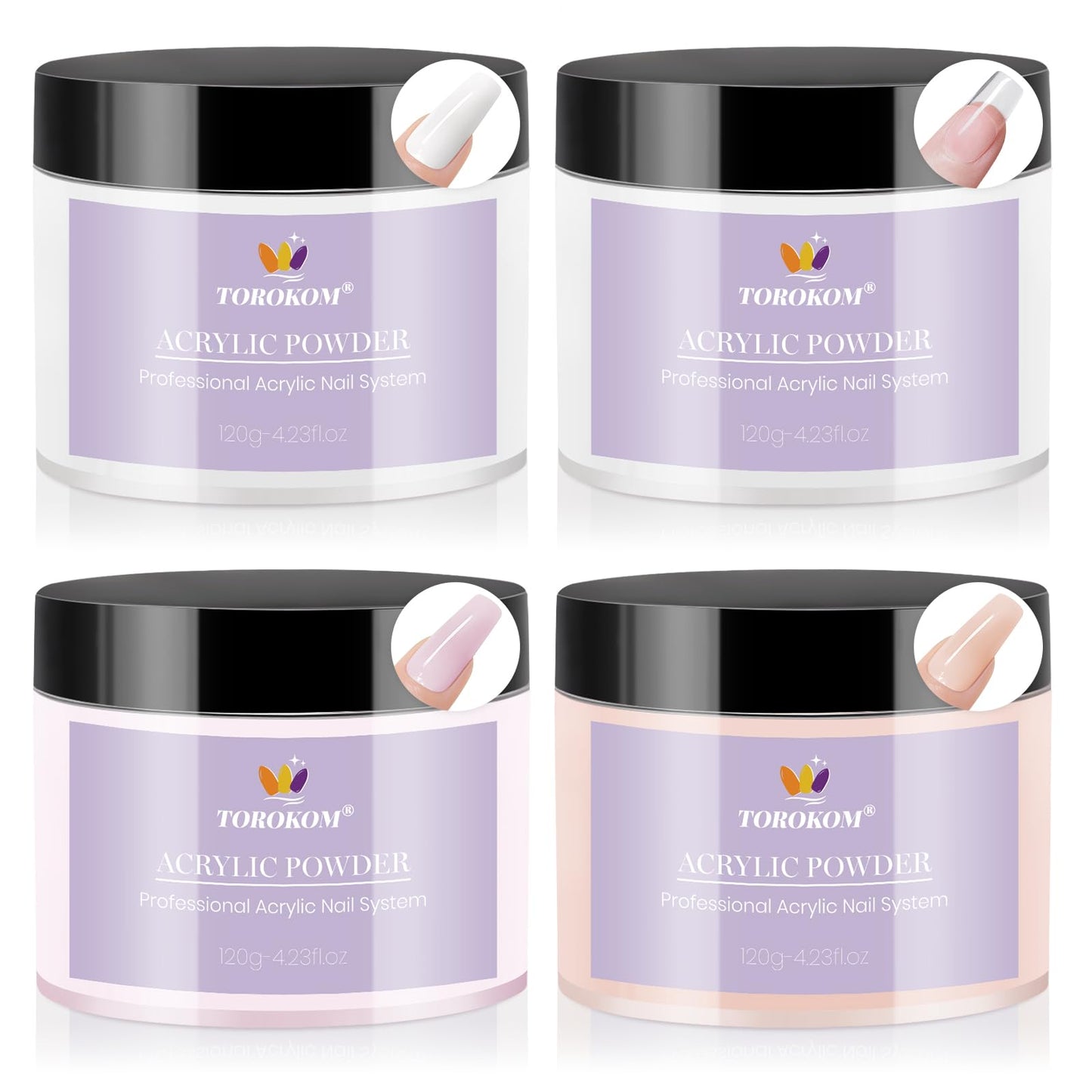 TOROKOM 4 Colors Acrylic Powder, 480g/16.93oz Acrylic Nail Powder Large Capacity Acrylic Dip Powder for Nails Acrylic Extension Powders, 3D Nail Carving, Long-Lasting, No Nails Lamp Required (4*120g)
