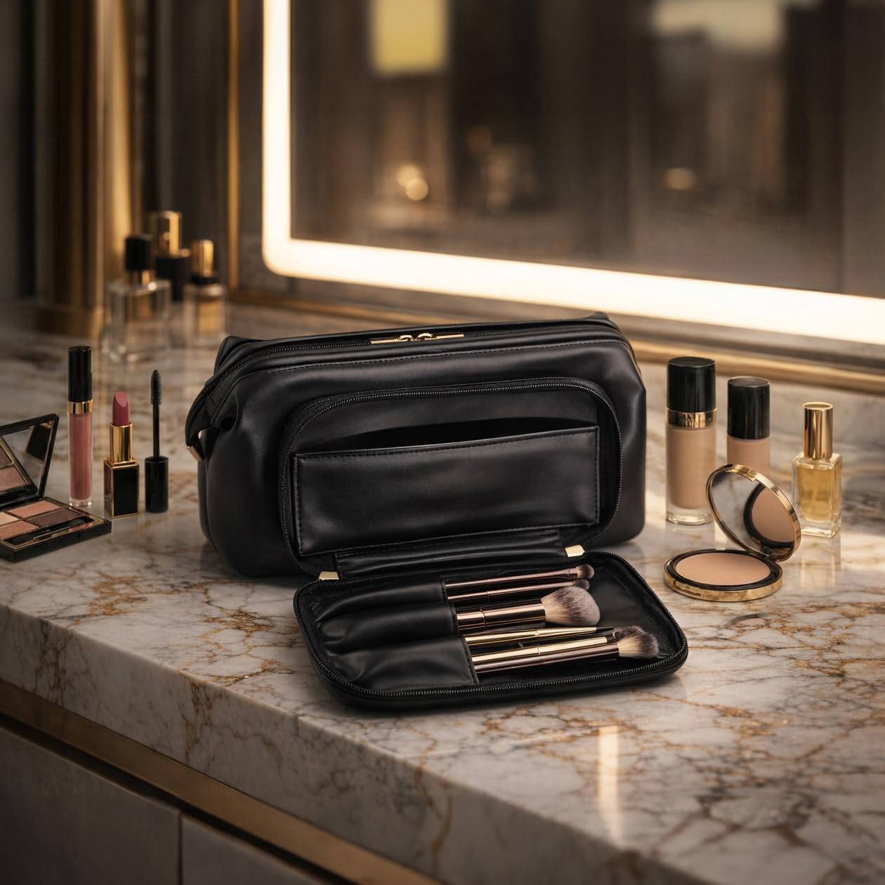TREND-X PU Leather Makeup Bag with Brush Compartment, Open Flat Travel Cosmetic Organizer for Women, Large Capacity Vanity Makeup Bag