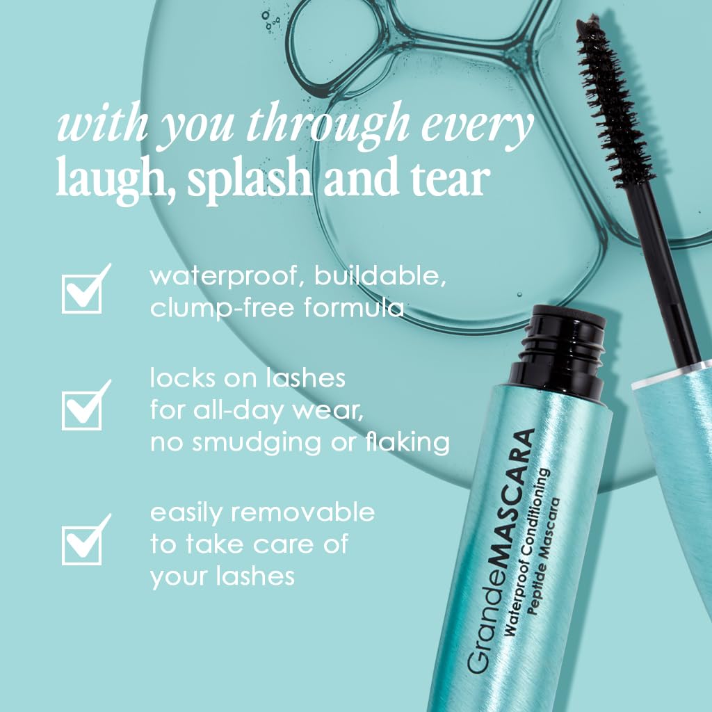 Grande Cosmetics GrandeMASCARA Waterproof Conditioning Peptide Mascara - for Buildable Volume & Length, Waterproof & Clump-Free, Lash & Extension Friendly - Black (0.20 oz)