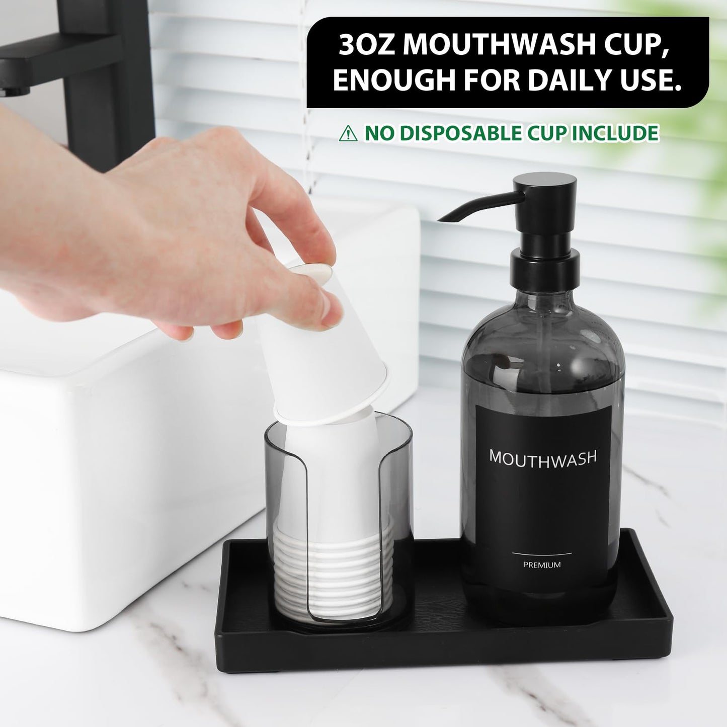 TOLDATLI Mouthwash Dispenser for Bathroom, Glass Mouth Wash Pump Dispenser with Cup Holder, 17 Fl Oz Mouthwash Bottle Decanter with Tray, Refillable Mouthwash Dispenser Container (Clear Black)