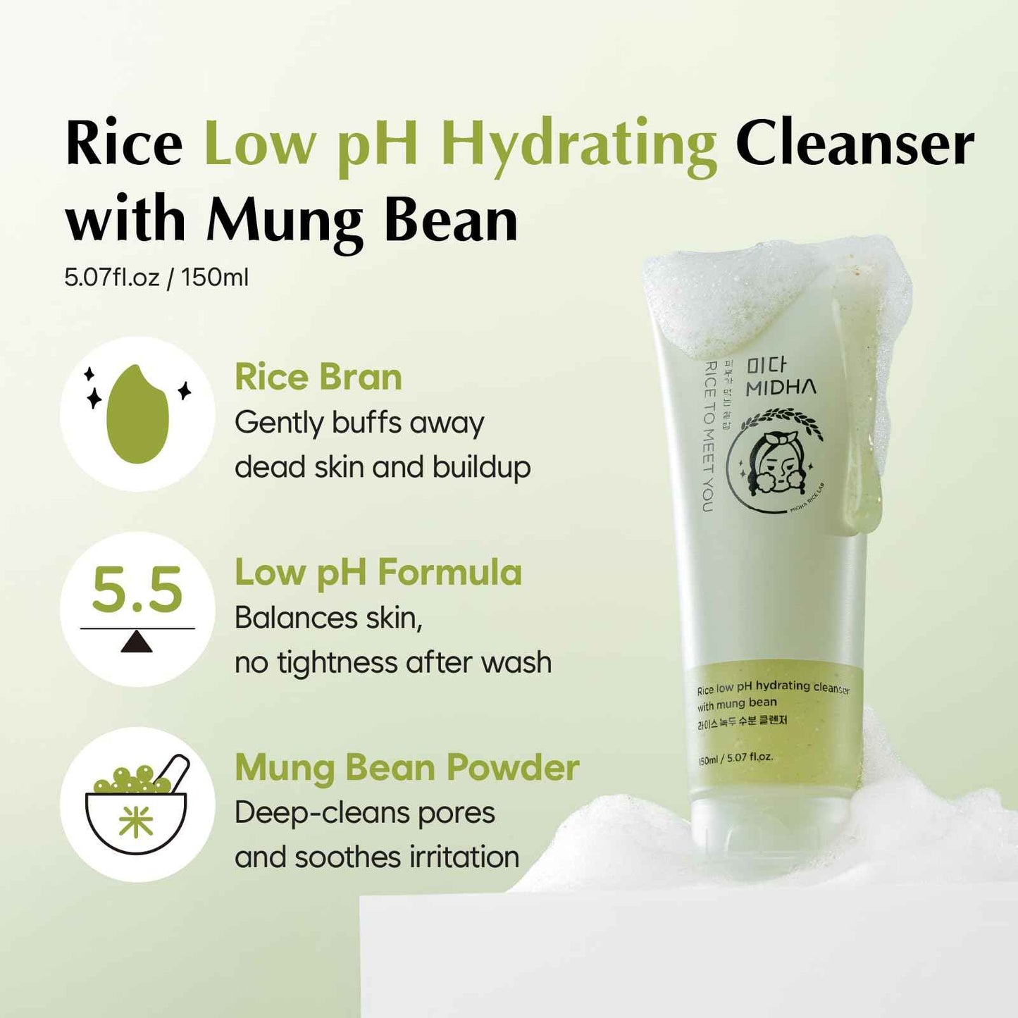 MIDHA RICE LOW PH HYDRATING CLEANSER WITH MUNG BEAN, 5.07fl.oz/150ml,Balanced pH Gel Cleanser, Hydrating, Soothing, Gentle Daily Cleanser, Deep Cleansing, Pore-Purifying, Nourishing Care
